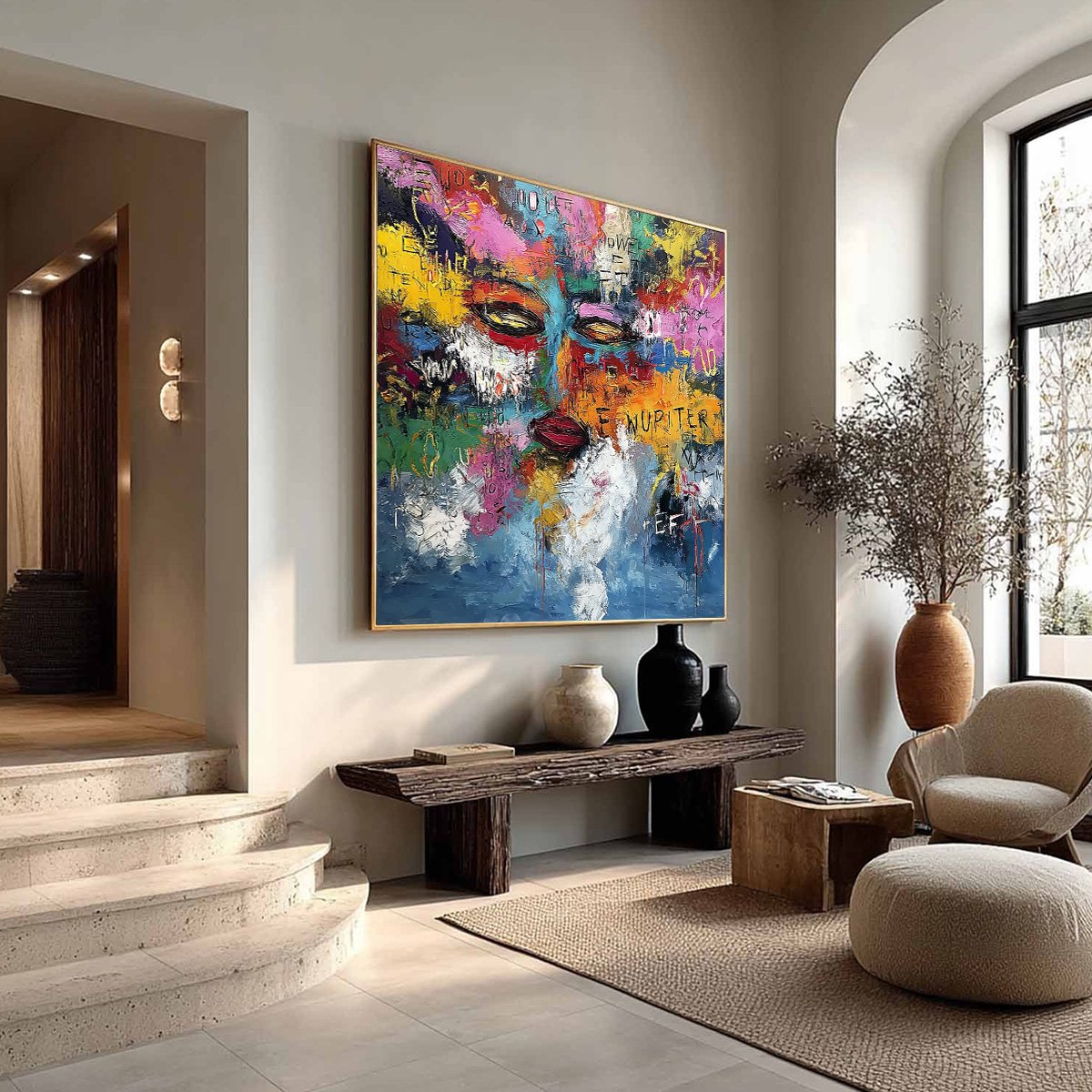 STATIC REVERIE: Colorful Abstract Graffiti Style Face Oil Painting