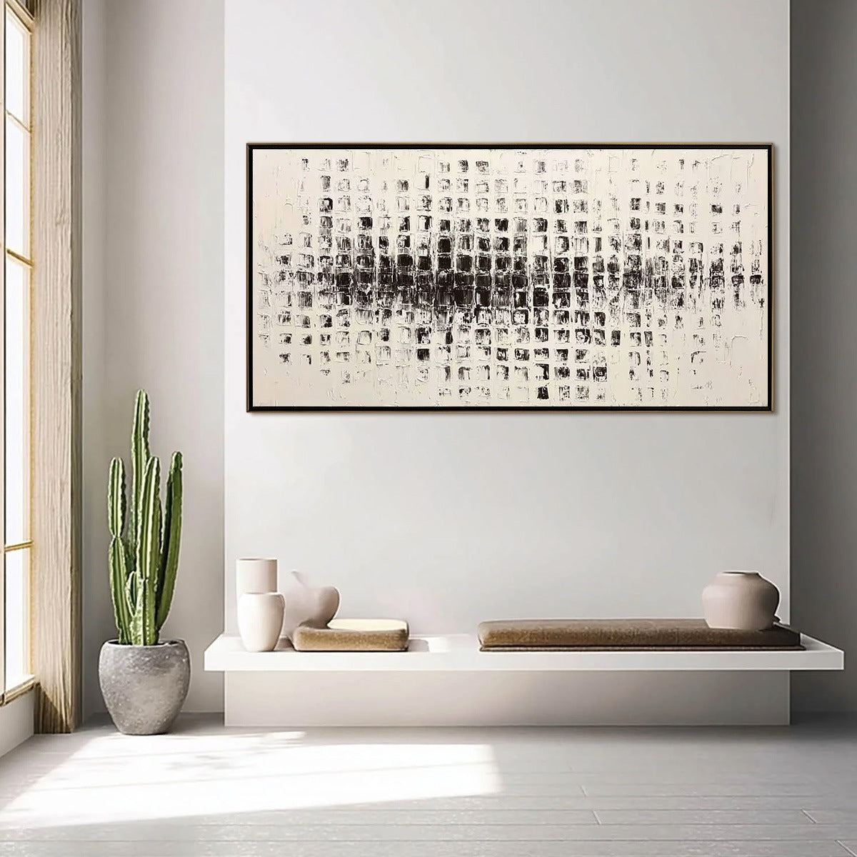 STATIC RHYTHM: Textured Black and White Minimalist Abstract Painting