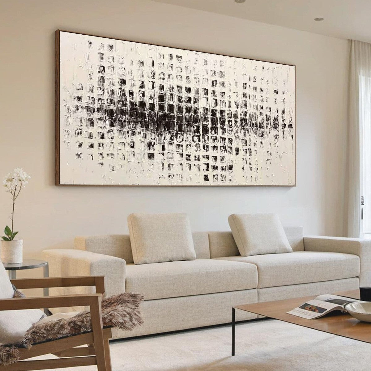 STATIC RHYTHM: Textured Black and White Minimalist Abstract Painting