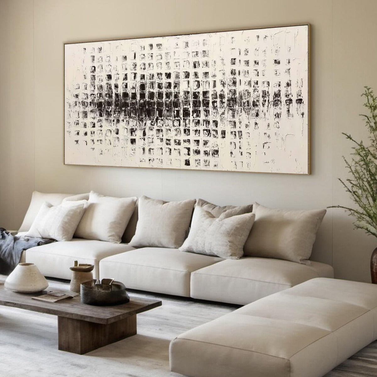 STATIC RHYTHM: Textured Black and White Minimalist Abstract Painting