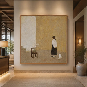 STILL ROOM: Minimalist Woman Interior Painting in a wood frame displayed in a luxury hotel lobby.