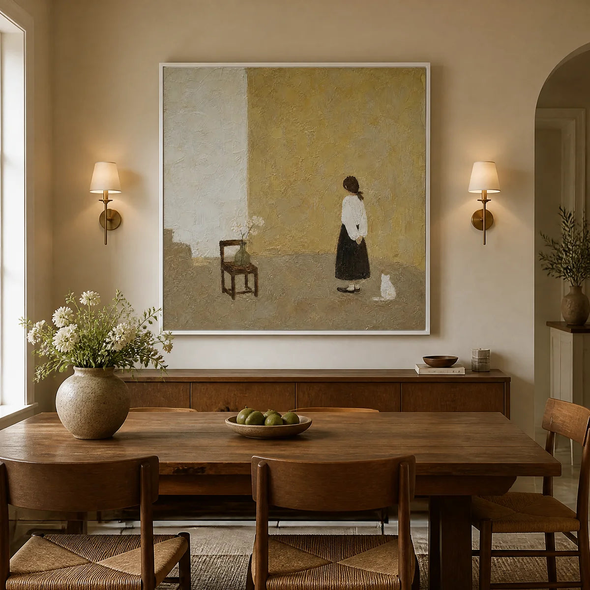 STILL ROOM: Minimalist Woman Interior Painting in a white frame displayed in a refined dining room.