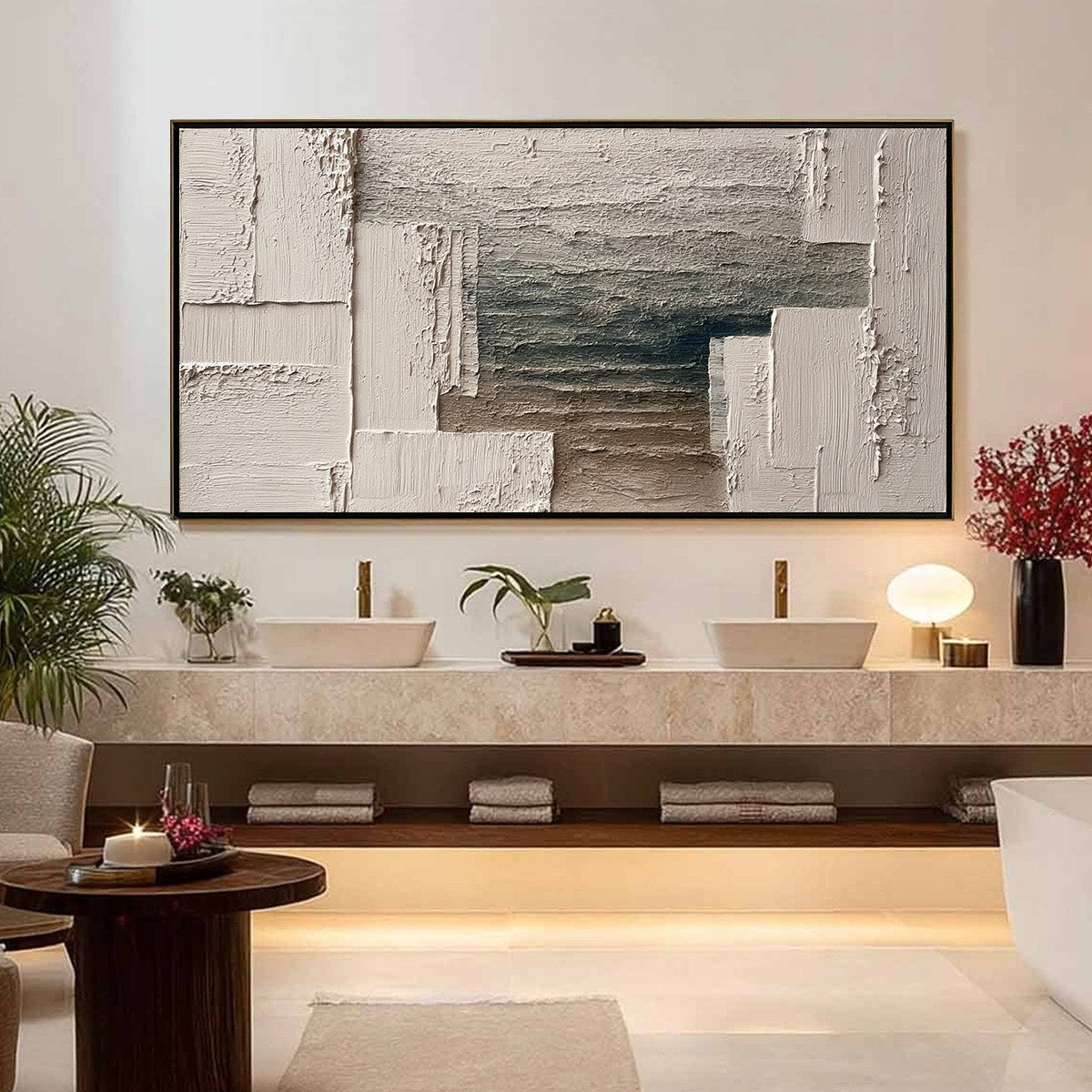 Modern wall art: STRATA original handmade abstract painting. Textured impasto in beige, brown, grey, Wabi Sabi style.