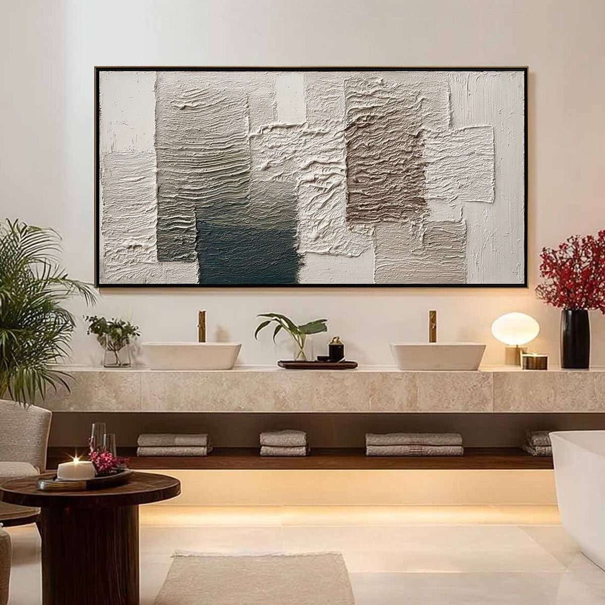 Original textured abstract wall art: Large Wabi-Sabi painting in neutral earth tones & deep blue.
