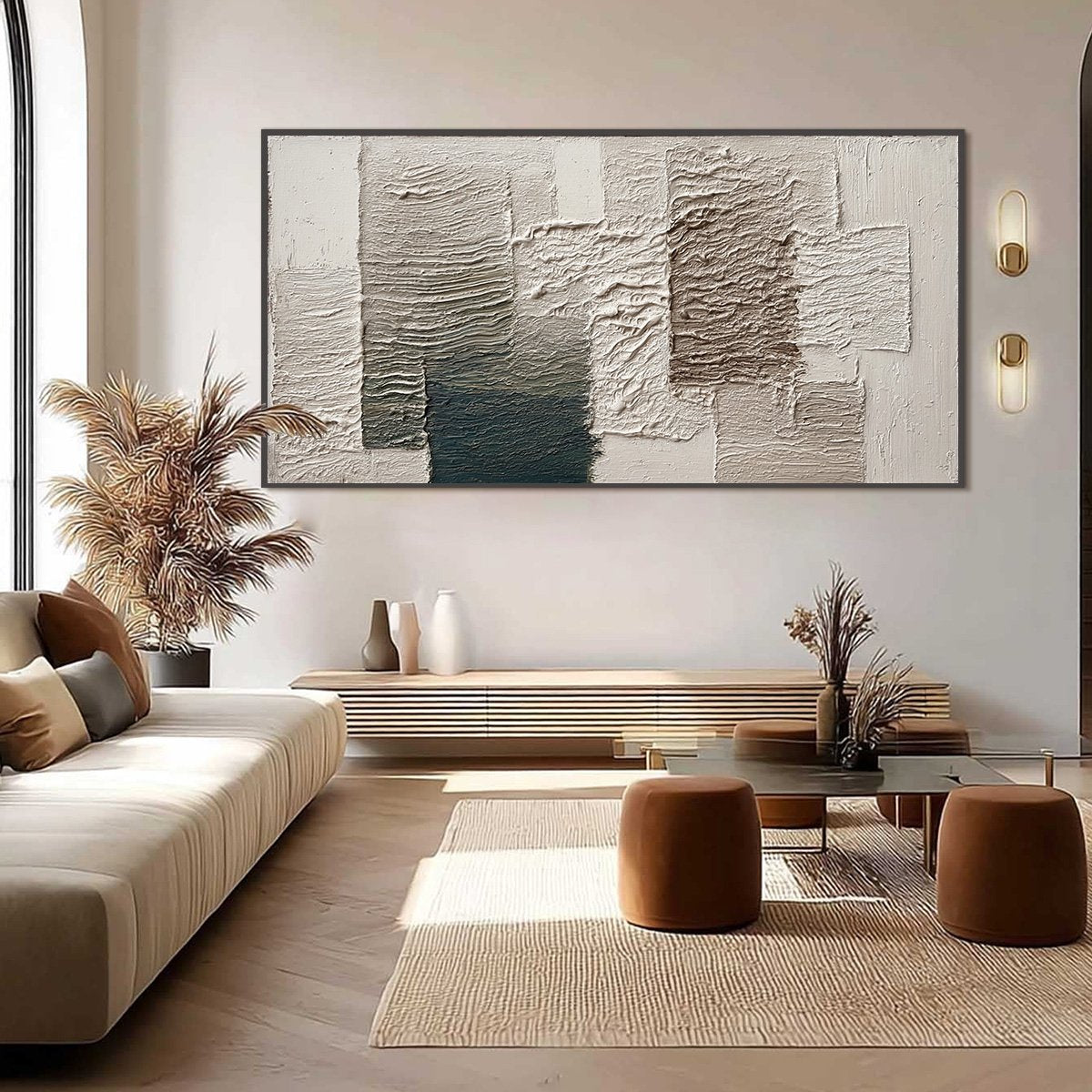 Modern wall art: textured abstract painting in Wabi Sabi style, neutrals & deep blue.