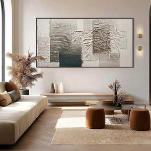 Modern wall art: textured abstract painting in Wabi Sabi style, neutrals & deep blue.