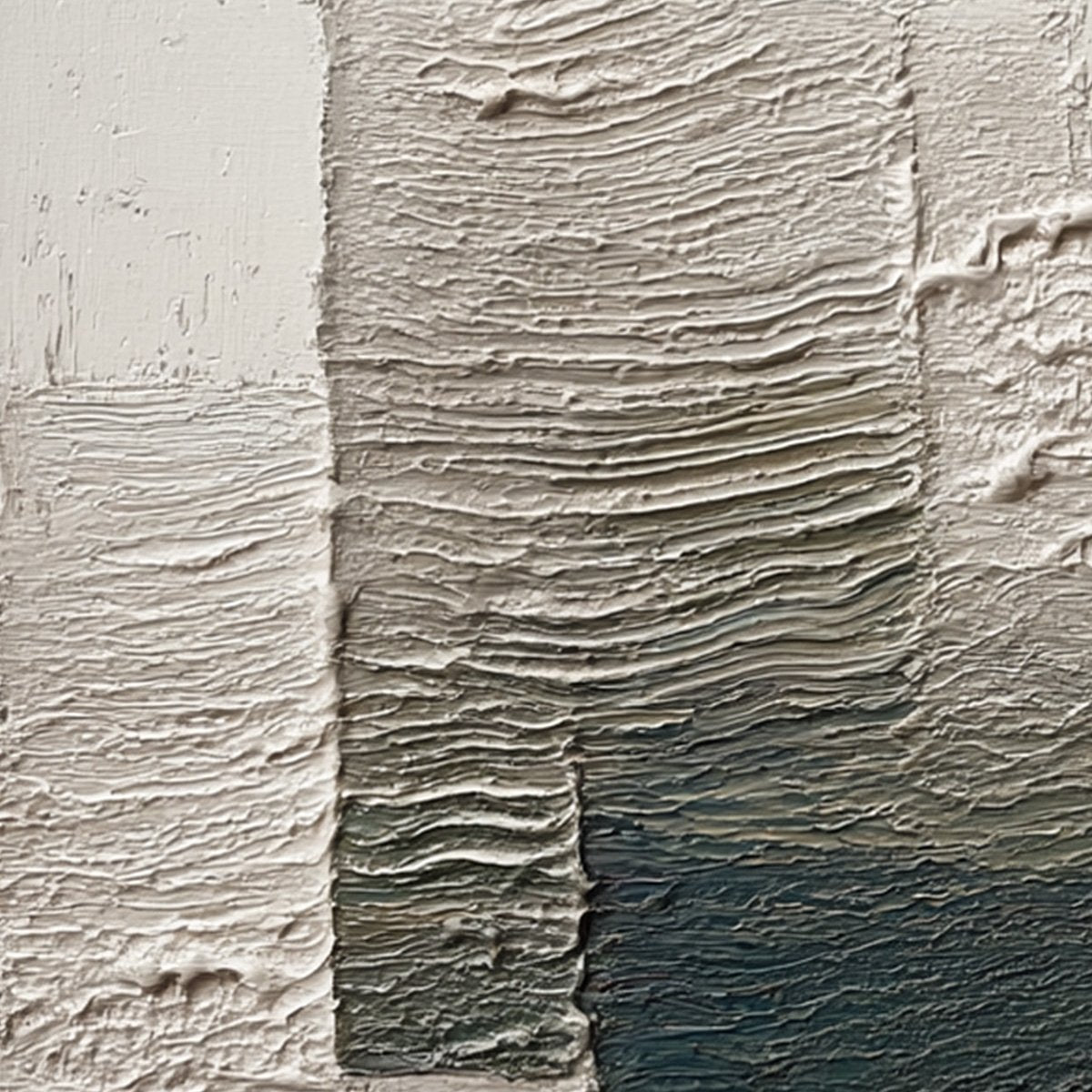 Original textured Wabi Sabi abstract painting with impasto layers in beige, brown, and deep blue.