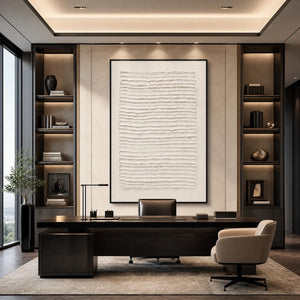 Textured white Wabi-Sabi abstract wall art in a modern office
