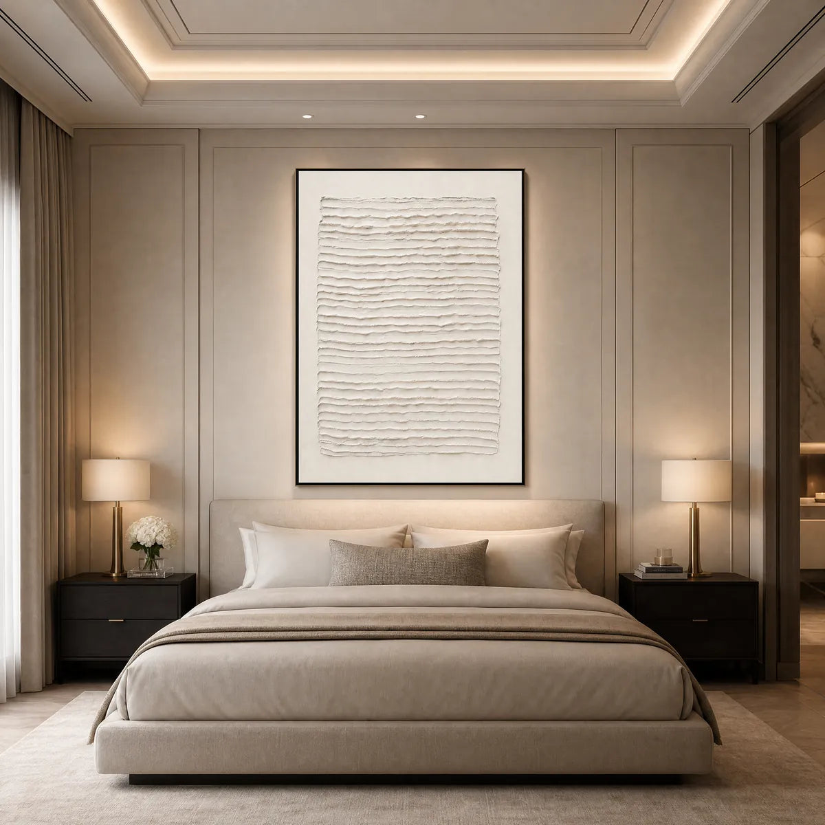 Textured Wabi-Sabi abstract wall art in beige bedroom above upholstered bed