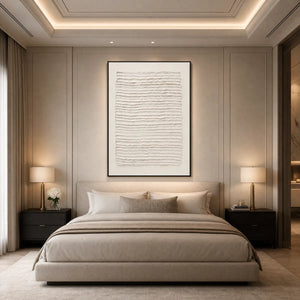Textured Wabi-Sabi abstract wall art in beige bedroom above upholstered bed