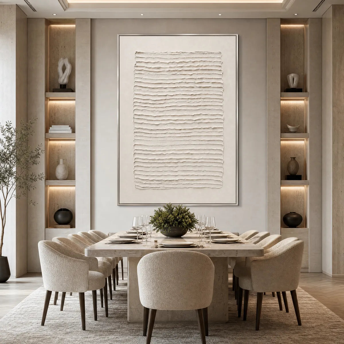 Textured Wabi-Sabi minimalist abstract wall art with layered white lines above a modern dining table