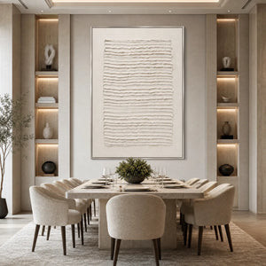 Textured Wabi-Sabi minimalist abstract wall art with layered white lines above a modern dining table