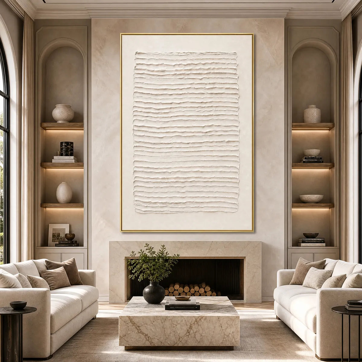 Textured Wabi-Sabi abstract wall art with raised white lines in gold frame