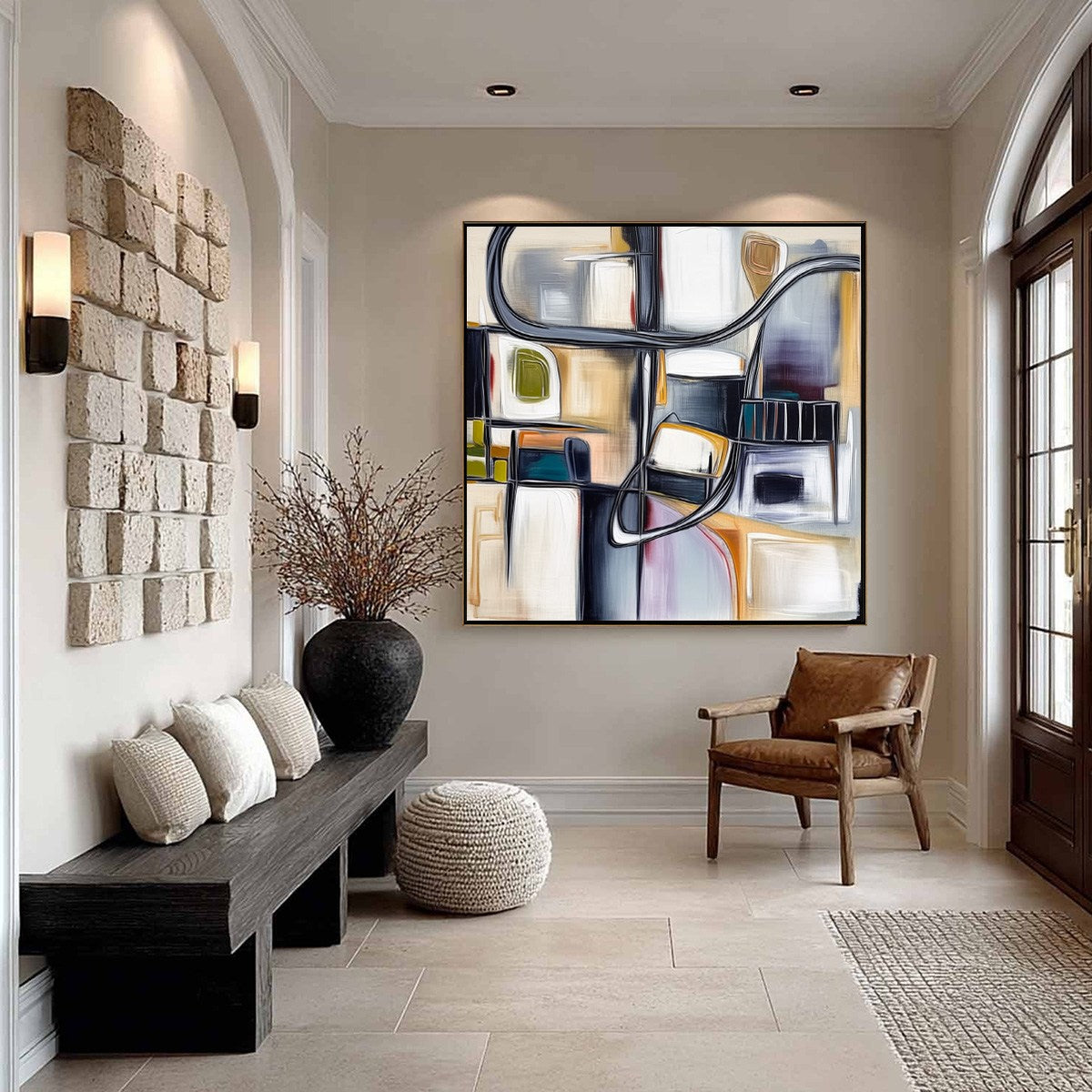 STRUCTURED CHAOS: Modern Square Abstract Painting with Architectural Lines