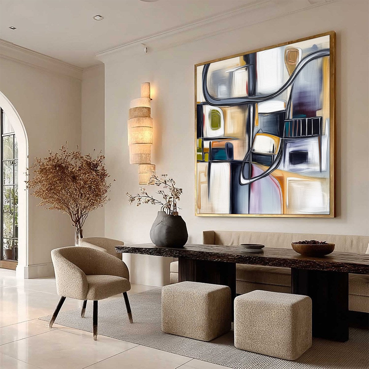 STRUCTURED CHAOS: Modern Square Abstract Painting with Architectural Lines