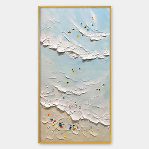 Textured beach painting 'Summer Beach' by Willow Davies, featuring surfers, swimmers, and colorful umbrellas.