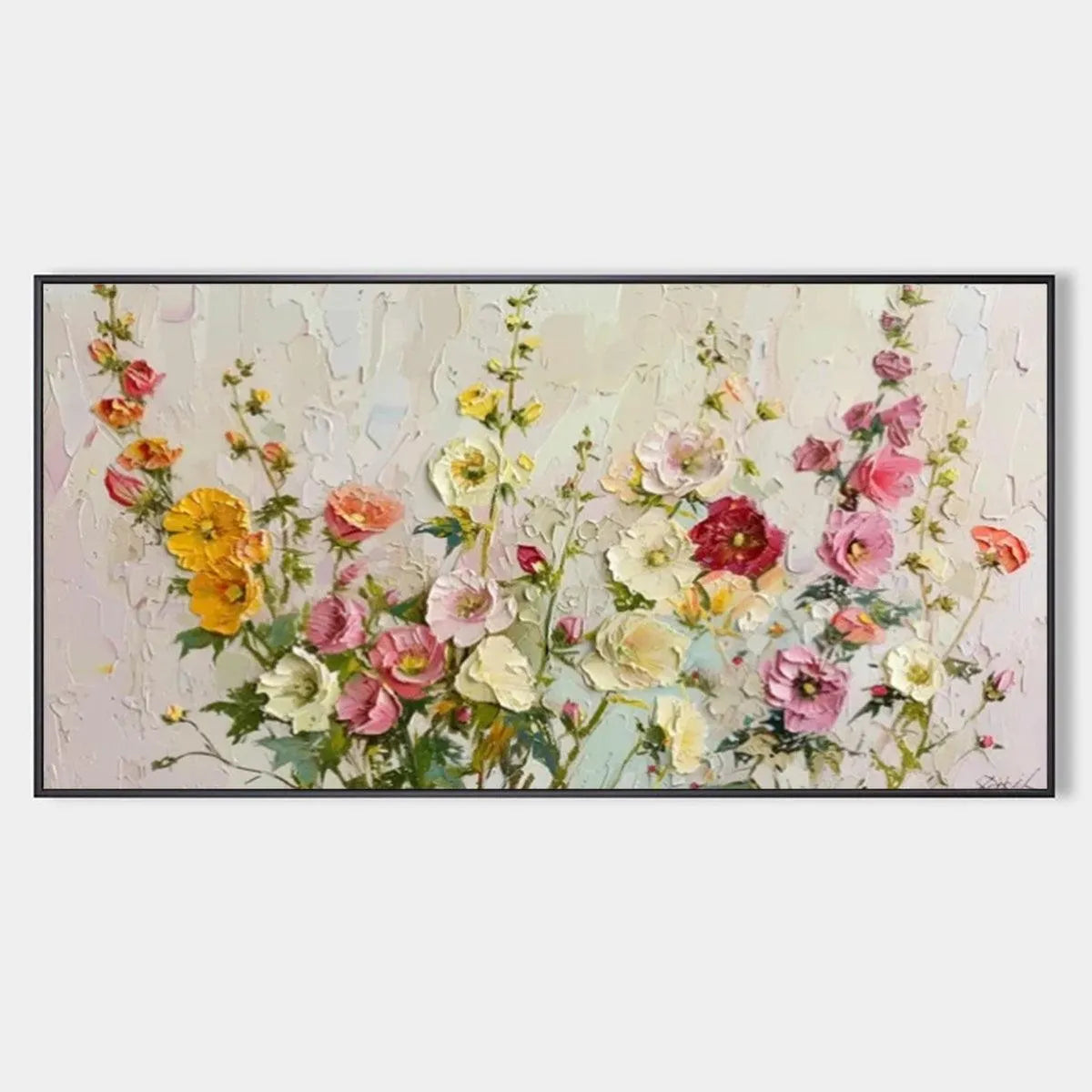 Textured Floral Painting, Impasto Wall Art, Panoramic Canvas, Colorful Decor