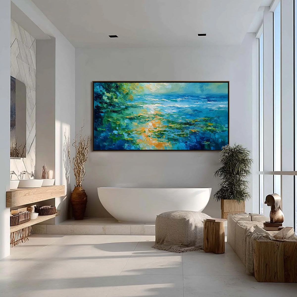 SUN-KISSED LAGOON: Textured Palette Knife Seascape Oil Painting