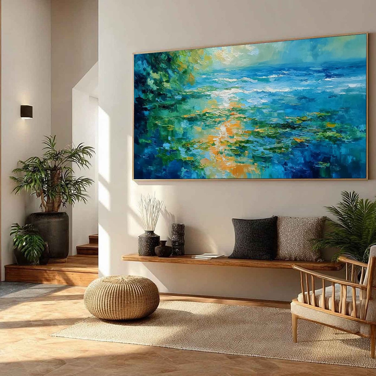 SUN-KISSED LAGOON: Textured Palette Knife Seascape Oil Painting