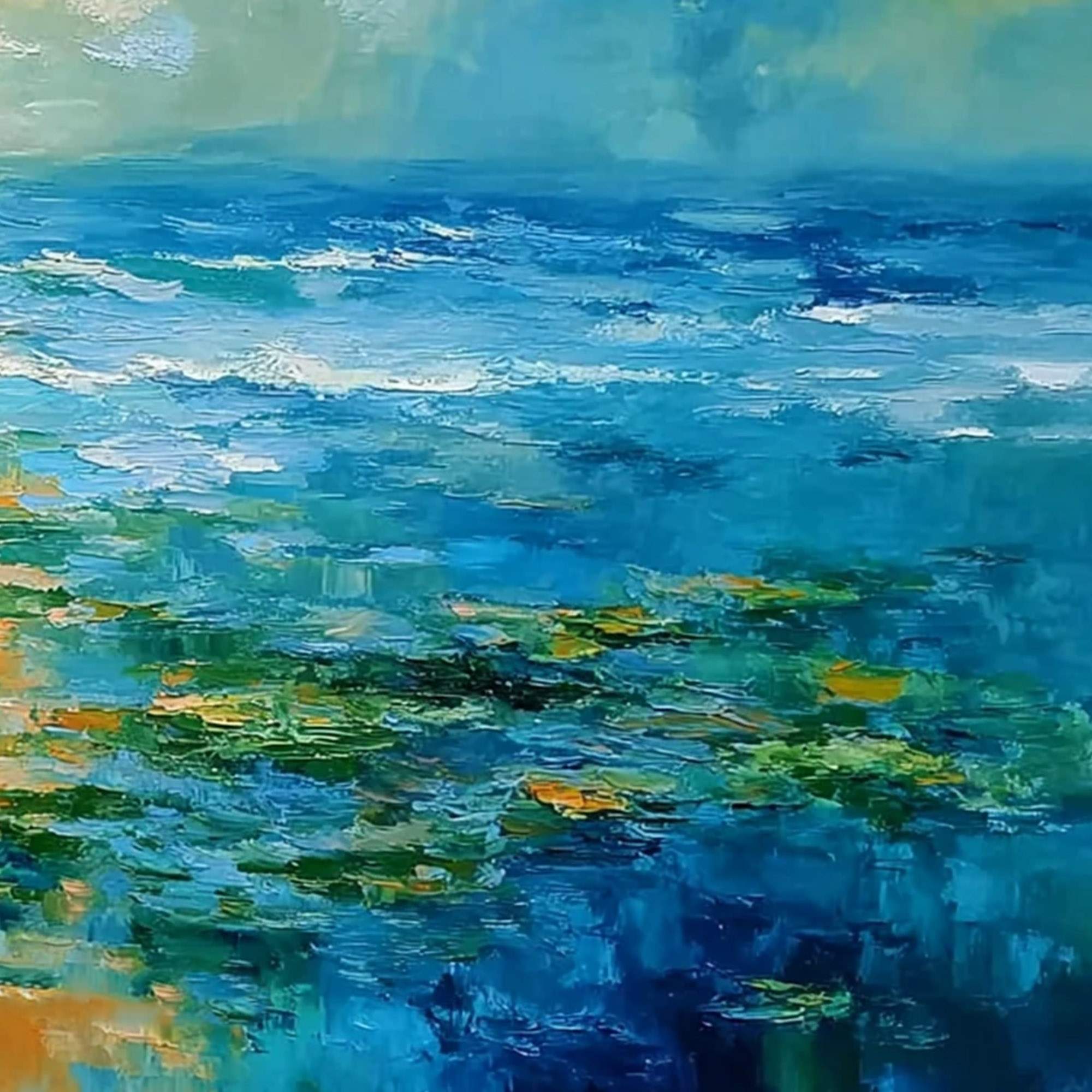 SUN-KISSED LAGOON: Textured Palette Knife Seascape Oil Painting