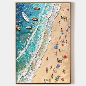 Sun-Kissed Shores, textured beach scene painting by Isabella Rossi. Coastal artwork with figures, boats, and umbrellas.