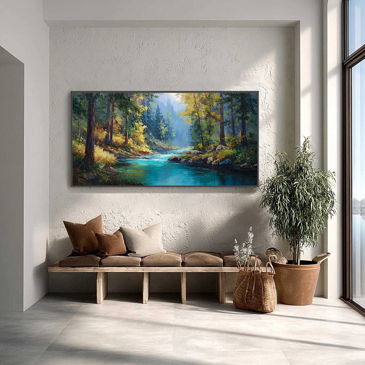 SUNBEAM CREEK: Vivid Forest River Landscape Oil Painting