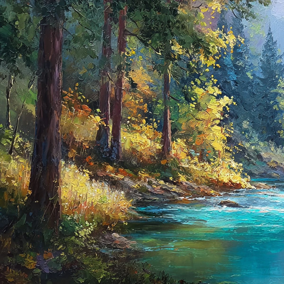 SUNBEAM CREEK: Vivid Forest River Landscape Oil Painting