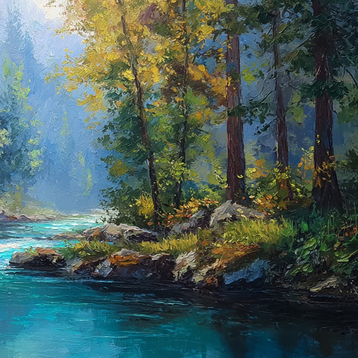 SUNBEAM CREEK: Vivid Forest River Landscape Oil Painting