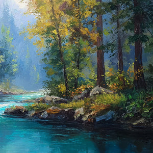 SUNBEAM CREEK: Vivid Forest River Landscape Oil Painting