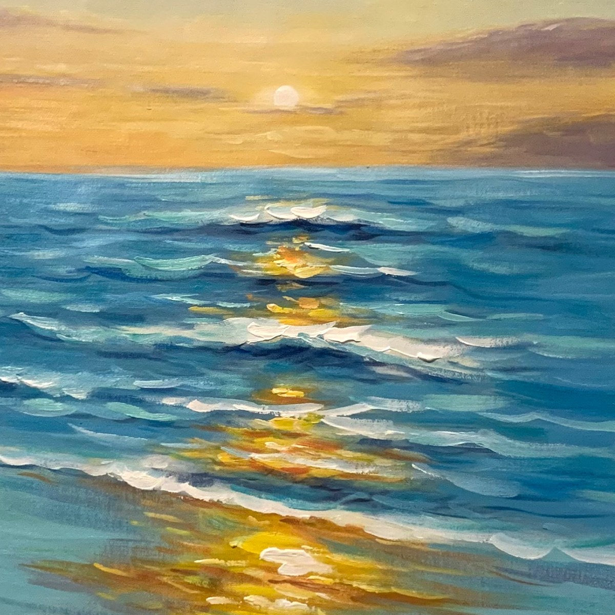SUNKISSED SHORES- Vertical Ocean Sunset Painting, Beach Wall Art