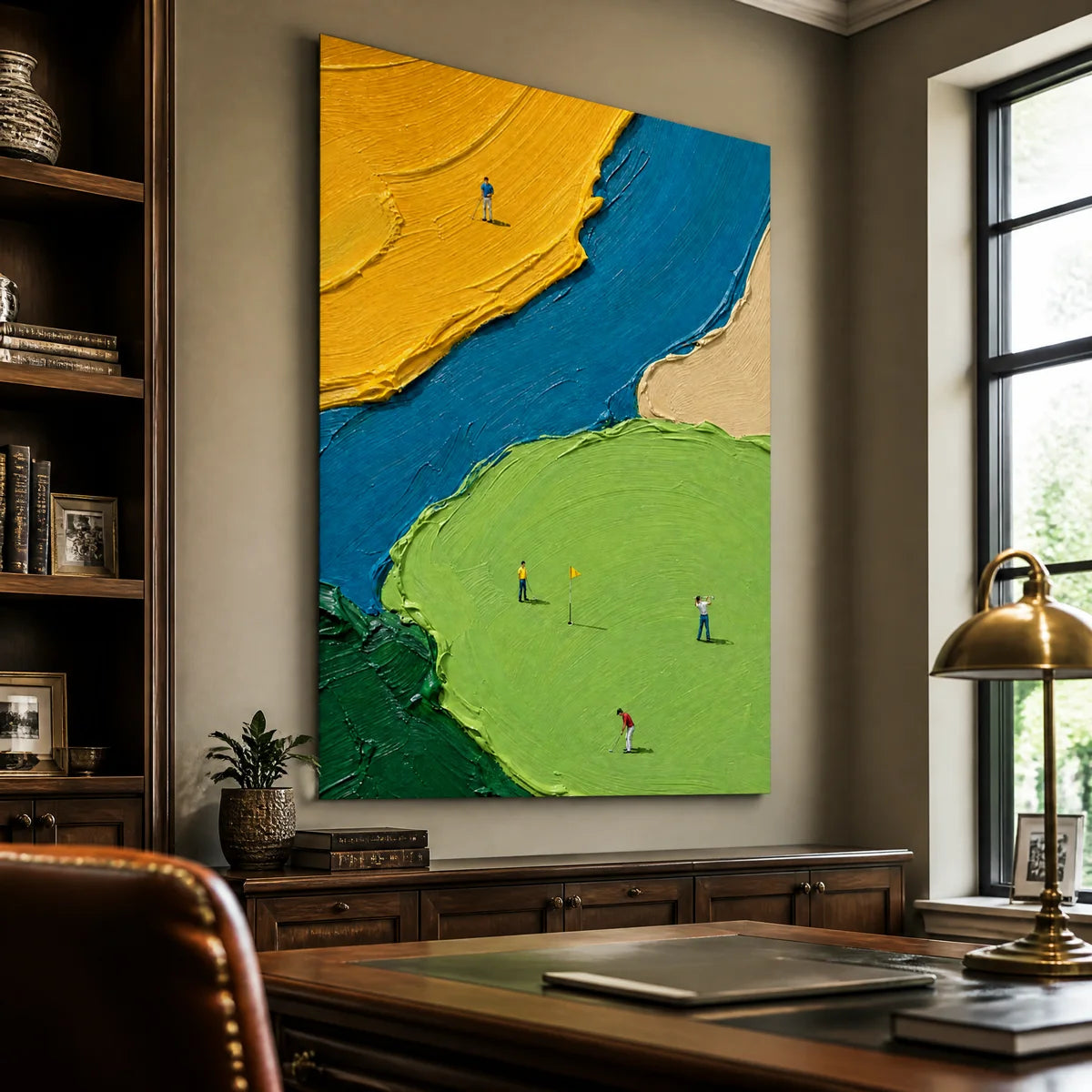 Bold color field wall art with yellow, blue and green impasto figures in a modern office.