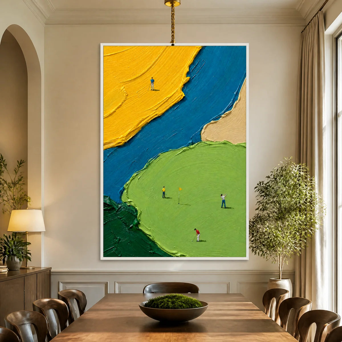 Bold abstract people painting with yellow, blue and green impasto textures displayed in a refined dining room.
