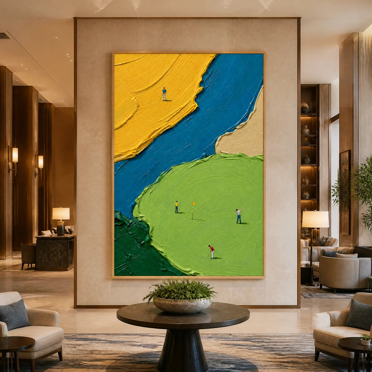 Bold abstract people painting with yellow, blue and green impasto textures displayed in a luxury hotel lobby.
