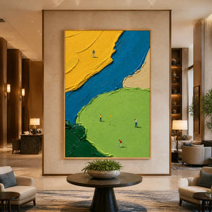 Bold abstract people painting with yellow, blue and green impasto textures displayed in a luxury hotel lobby.