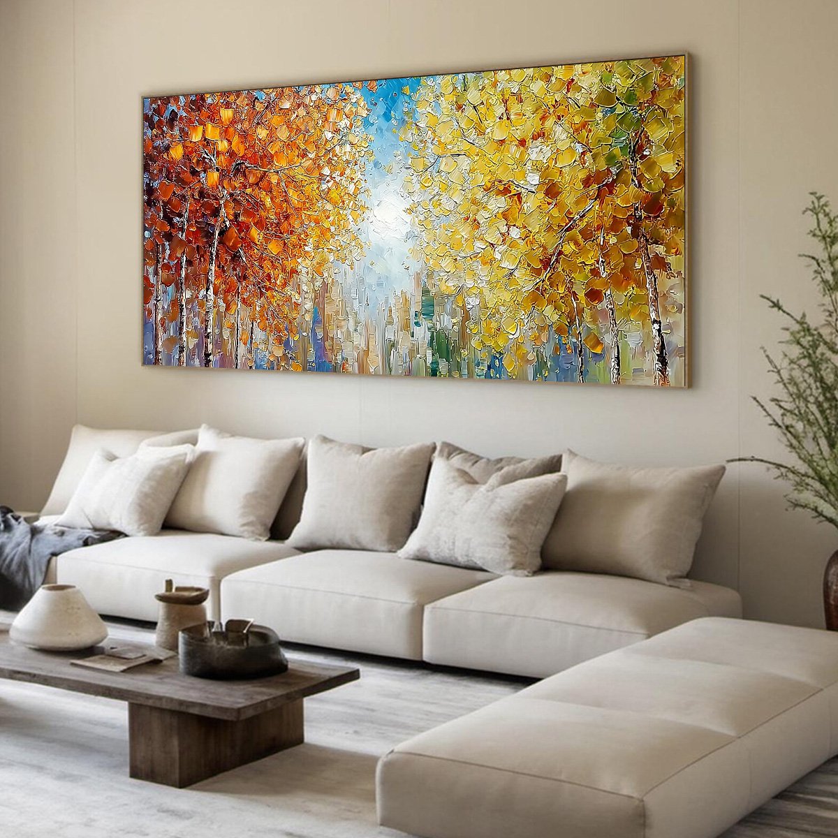 Sunlit Stroll Textured Autumn Forest Oil Painting Wall Art