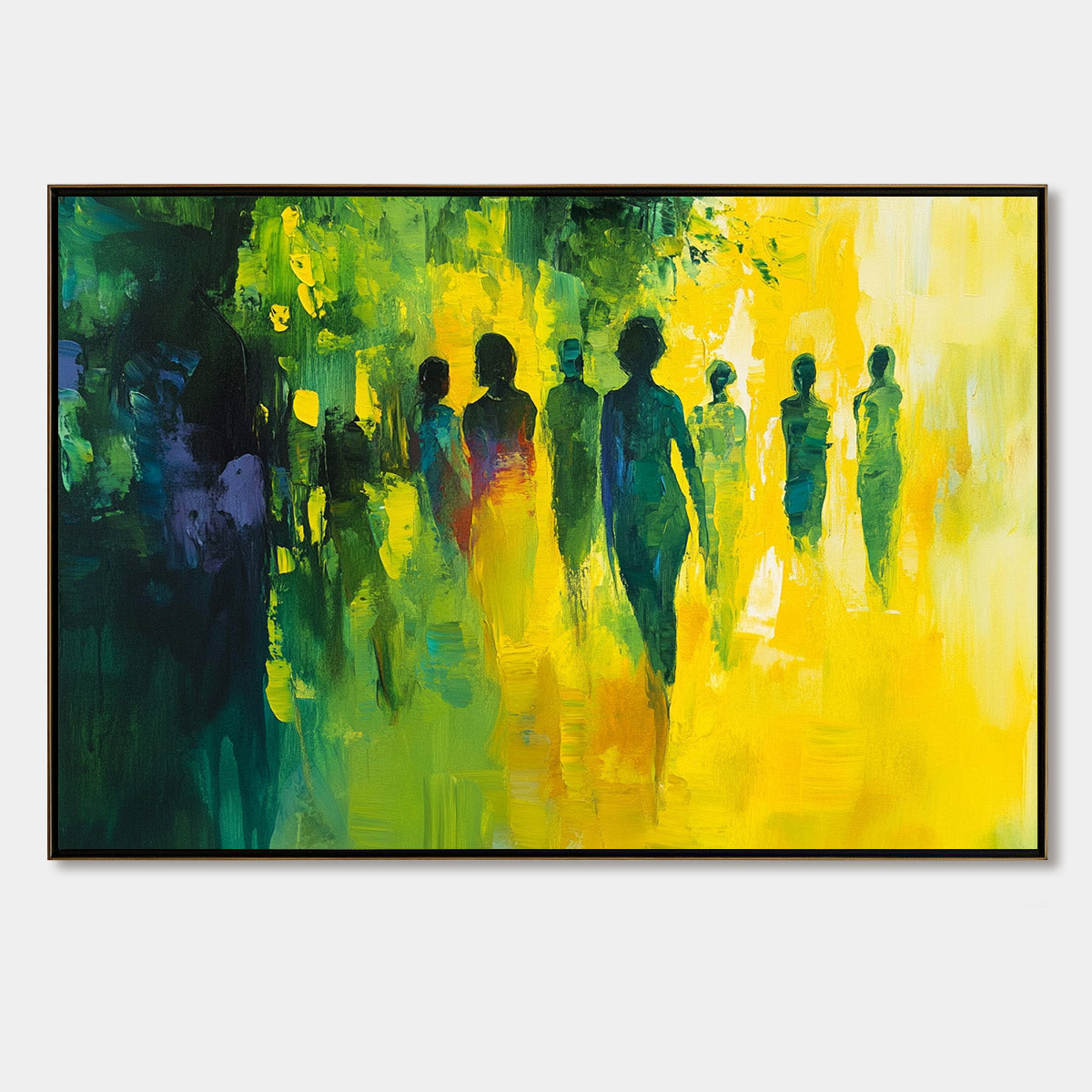 Framed abstract painting with silhouettes of people against a vibrant yellow and green background.