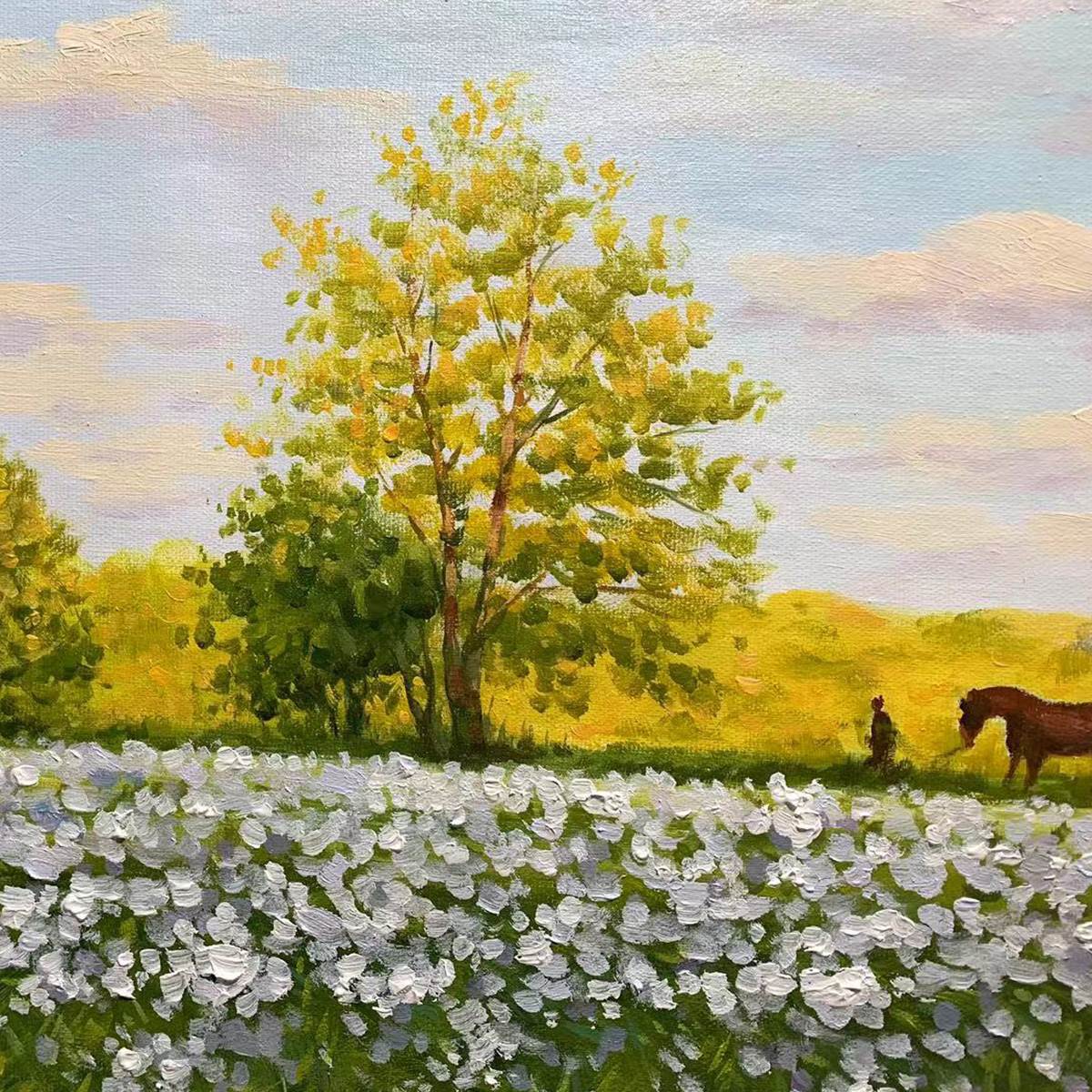 Textured oil painting 'Sunlit Meadow': tranquil pastoral scene with white flowers, golden tree, figure, and horse.