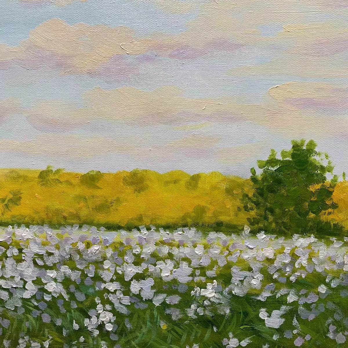 Textured Sunlit Meadow landscape painting: white flowers, golden foliage, green tree, cloudy sky, visible brushstrokes.