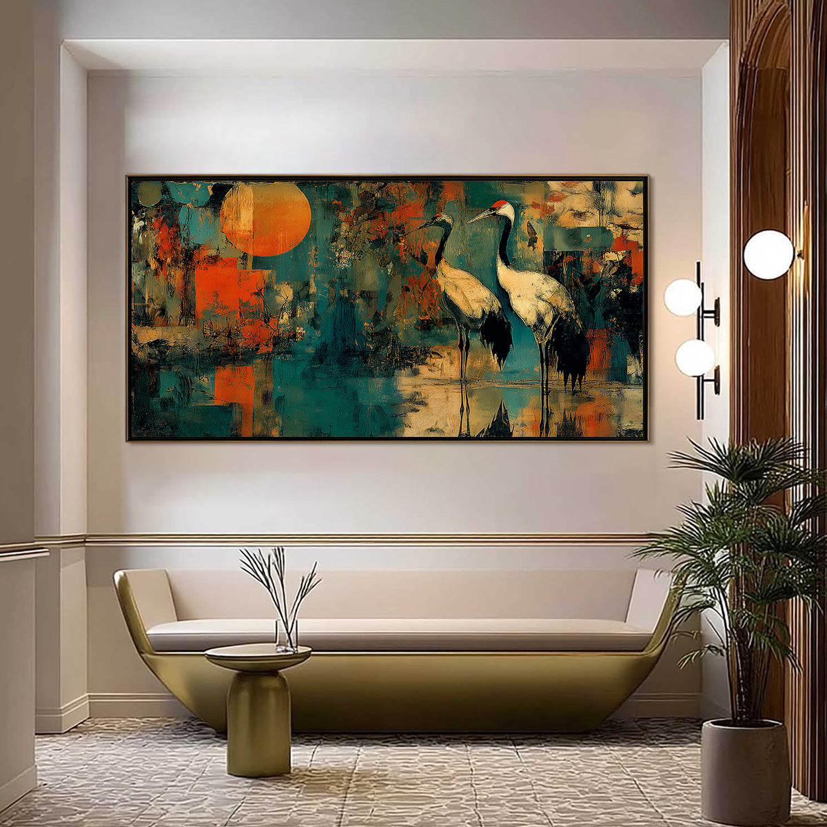 SUNSET VIGIL: Abstract Crane Painting with Teal and Orange Tones