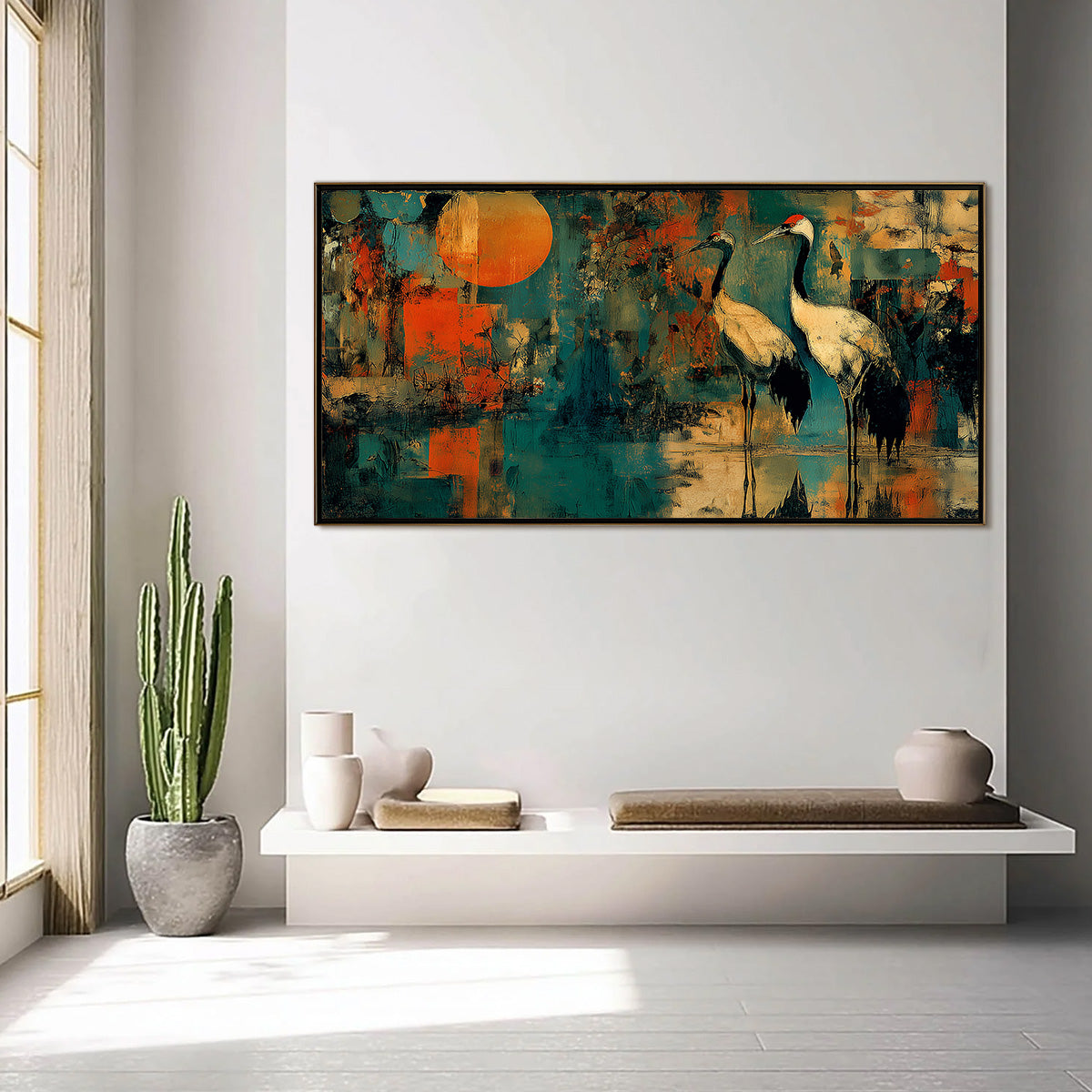 SUNSET VIGIL: Abstract Crane Painting with Teal and Orange Tones
