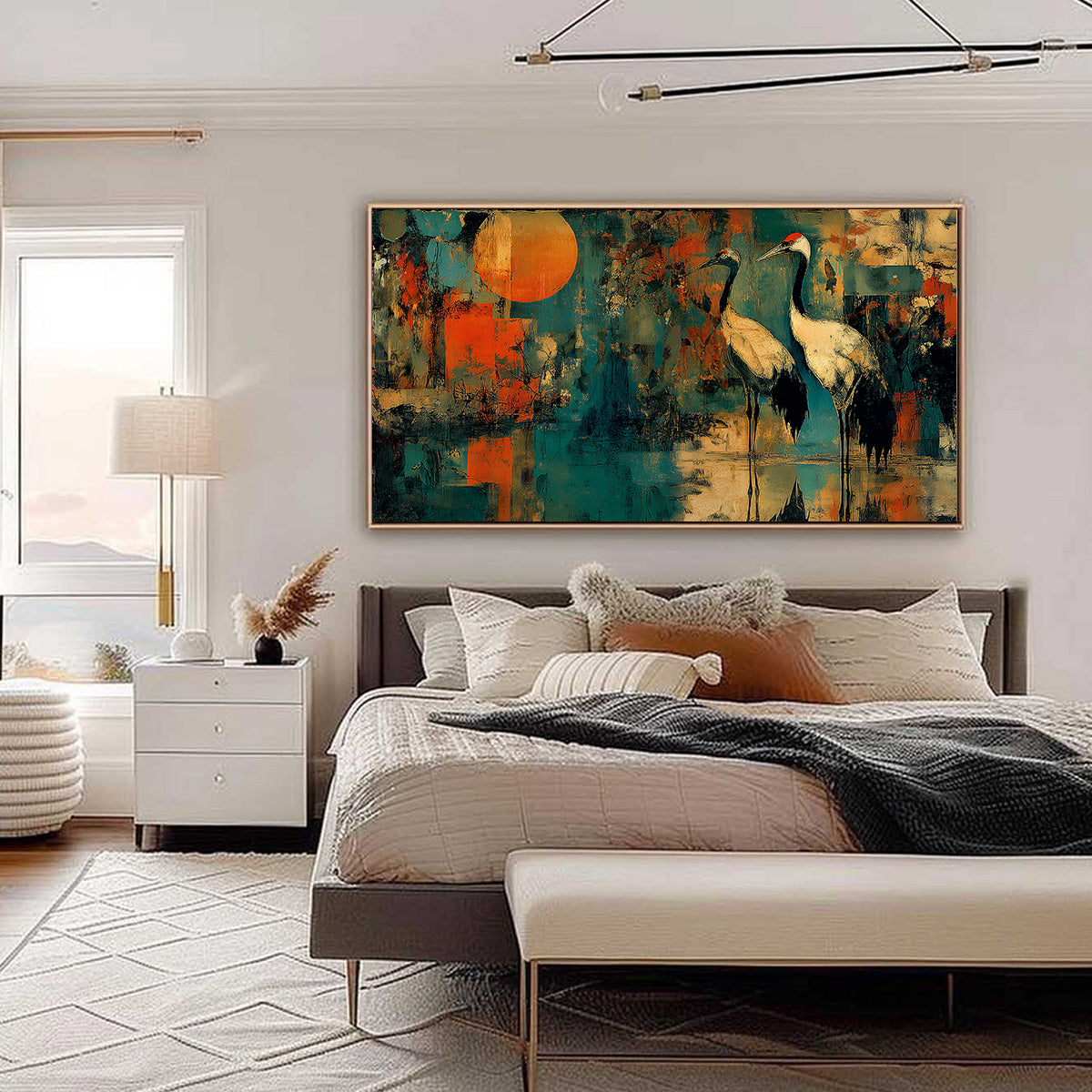 SUNSET VIGIL: Abstract Crane Painting with Teal and Orange Tones