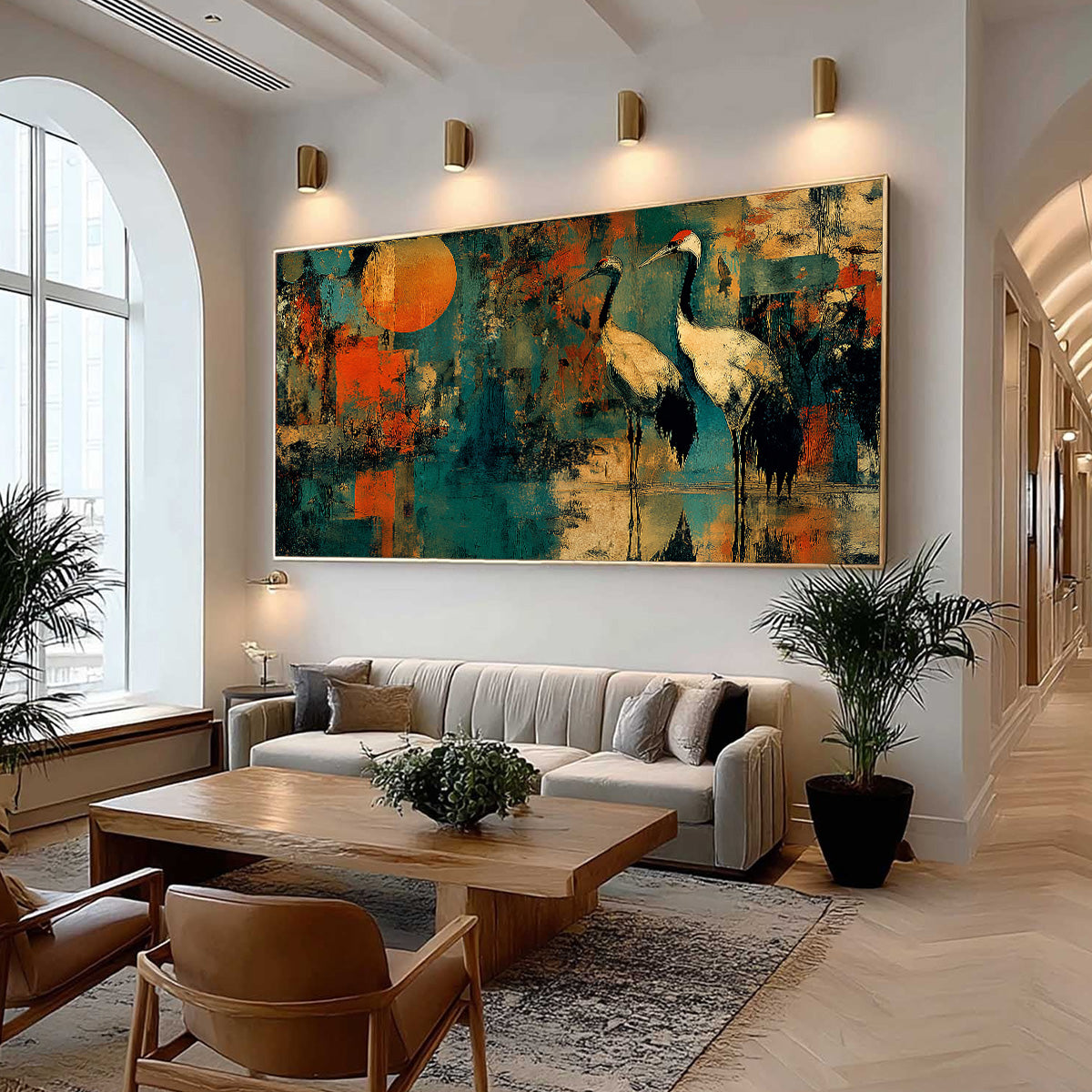 SUNSET VIGIL: Abstract Crane Painting with Teal and Orange Tones