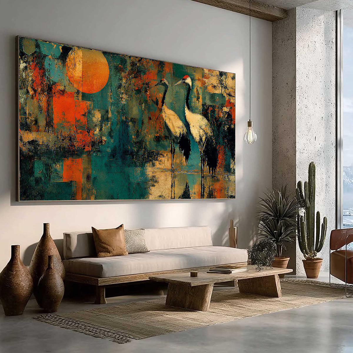 SUNSET VIGIL: Abstract Crane Painting with Teal and Orange Tones