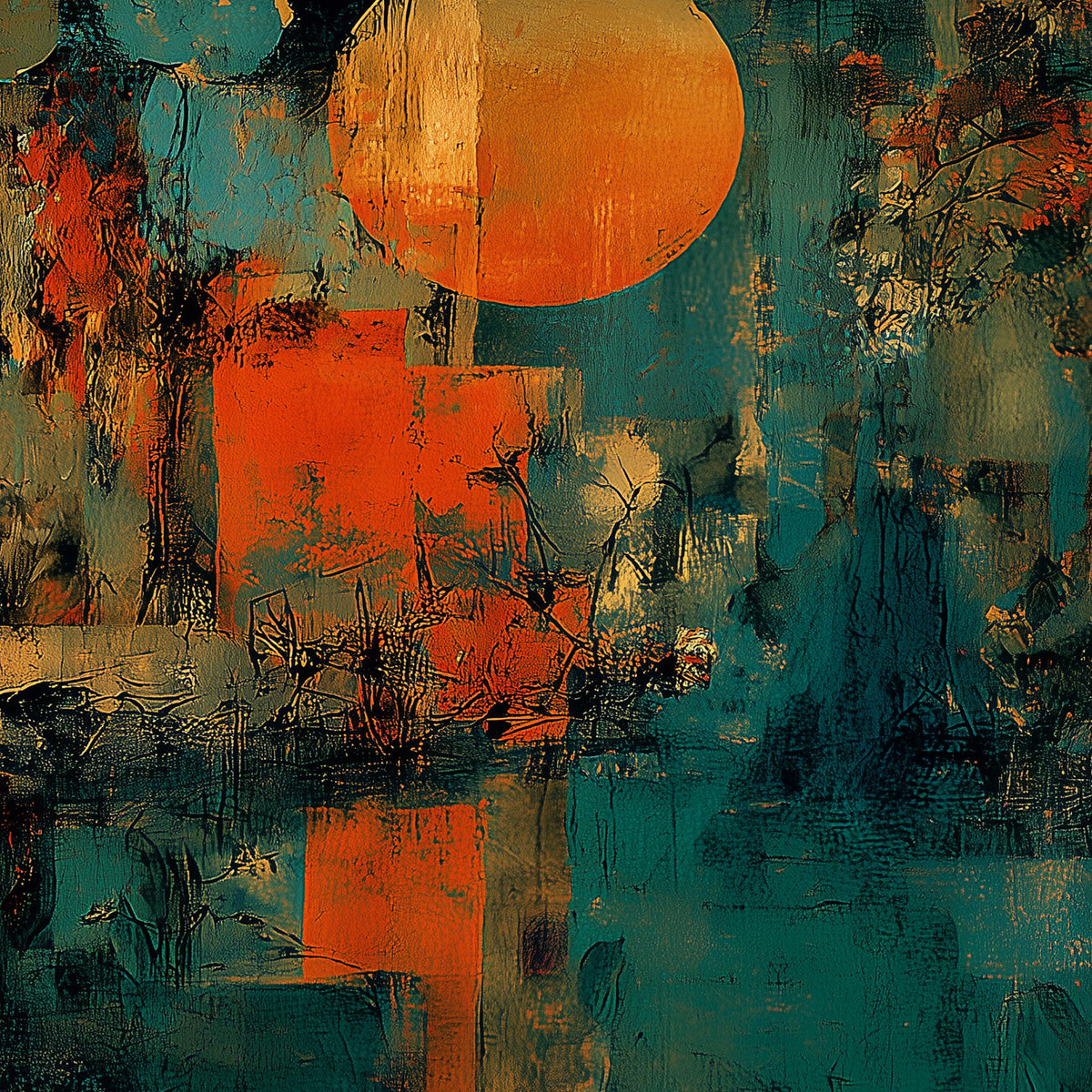 Sunset Vigil | Abstract Crane Painting in Teal & Orange Wall Art