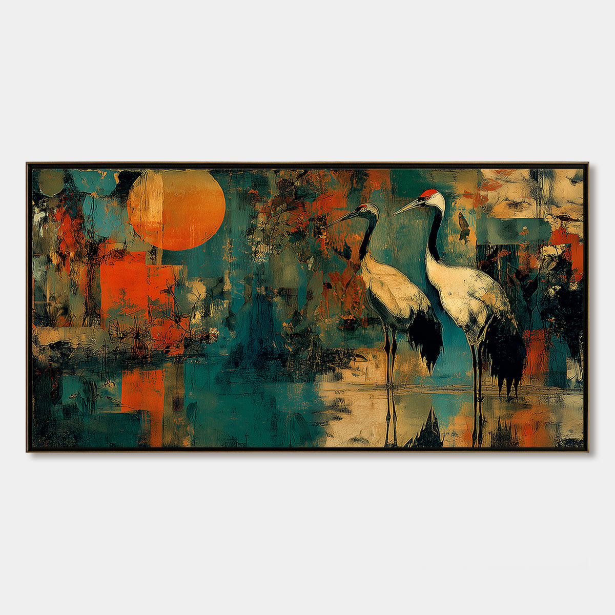SUNSET VIGIL: Abstract Crane Painting with Teal and Orange Tones