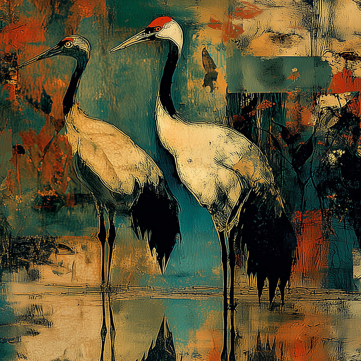SUNSET VIGIL: Abstract Crane Painting with Teal and Orange Tones