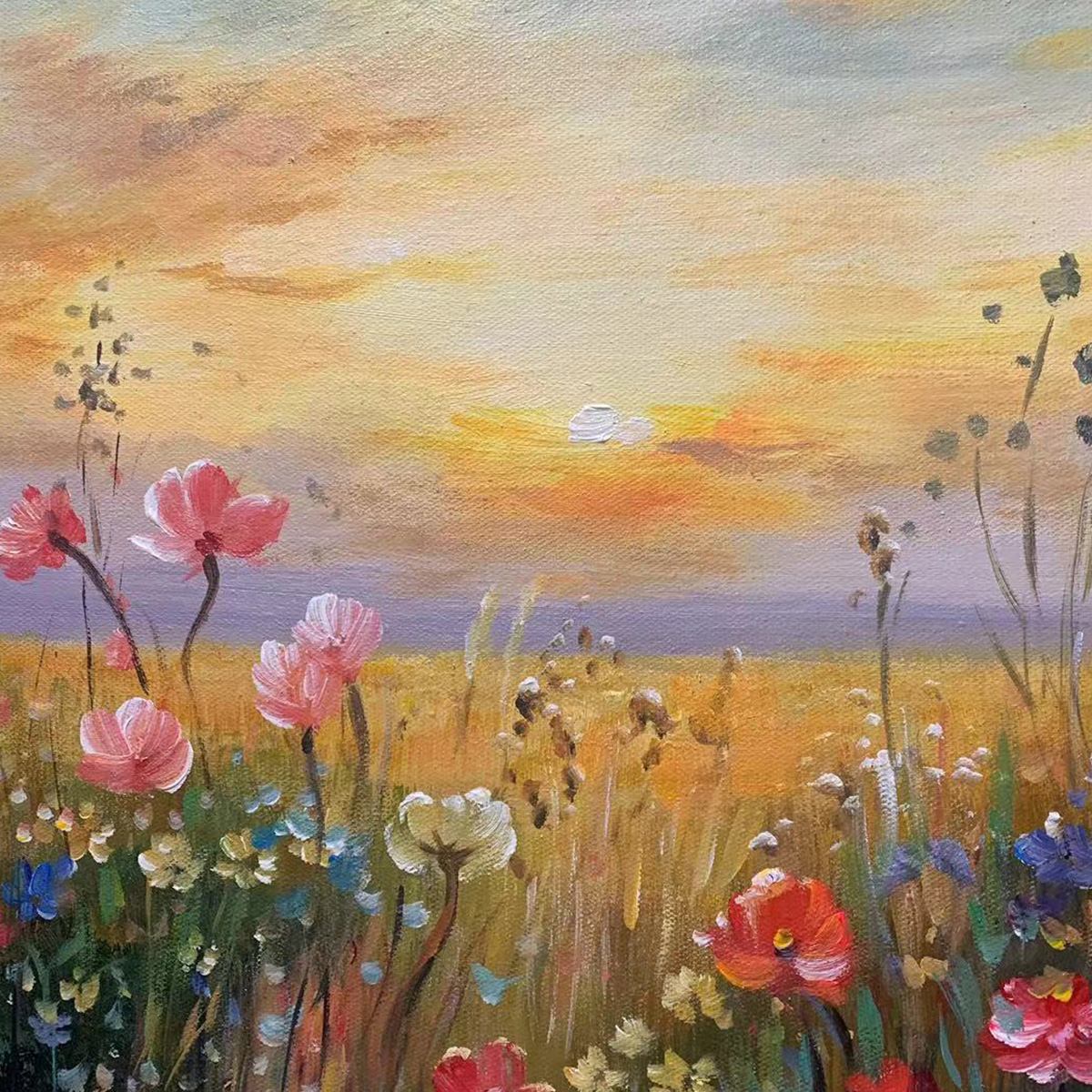 Sunset Field | Red, Orange, Blue Wildflower Painting