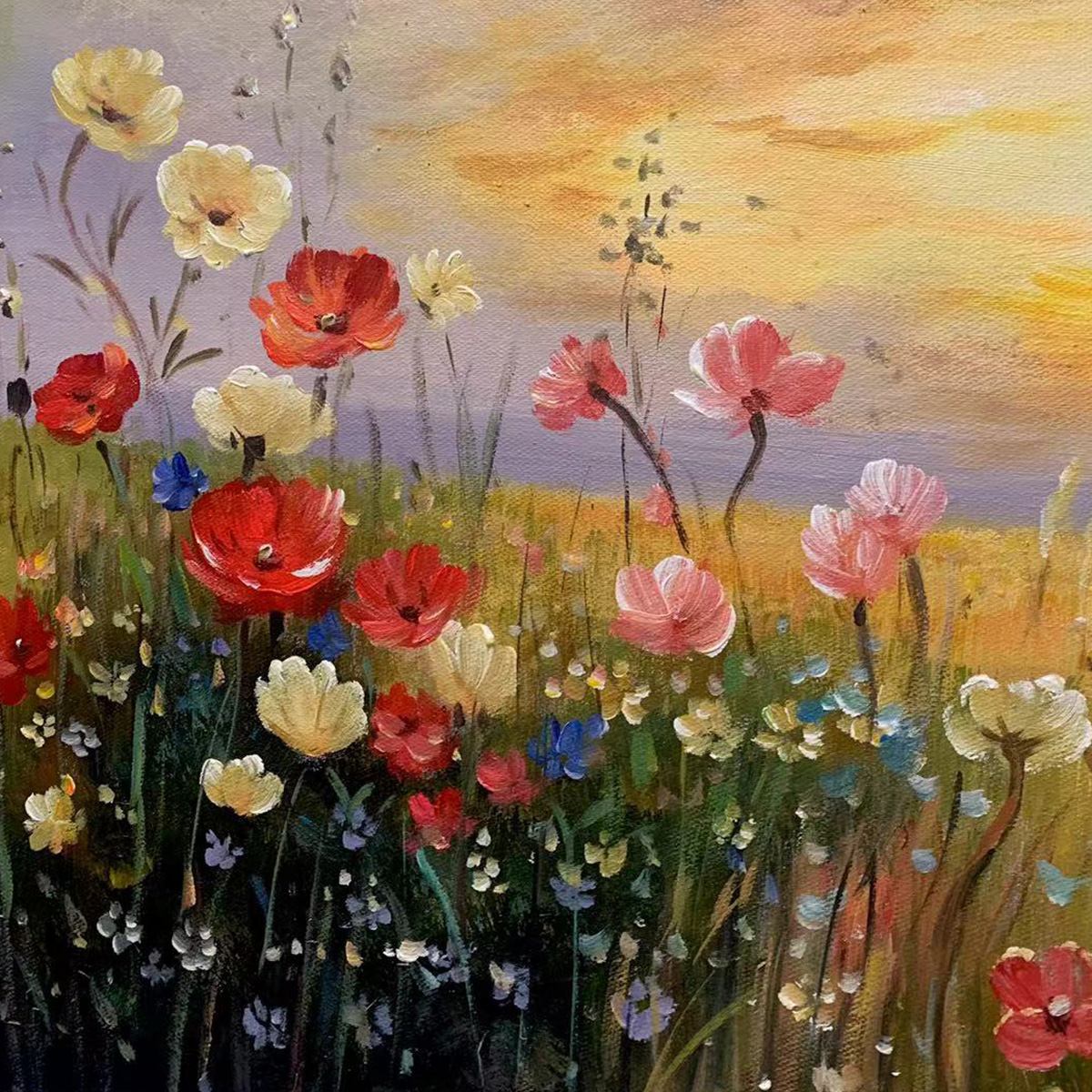 Sunset Field | Red, Orange, Blue Wildflower Painting