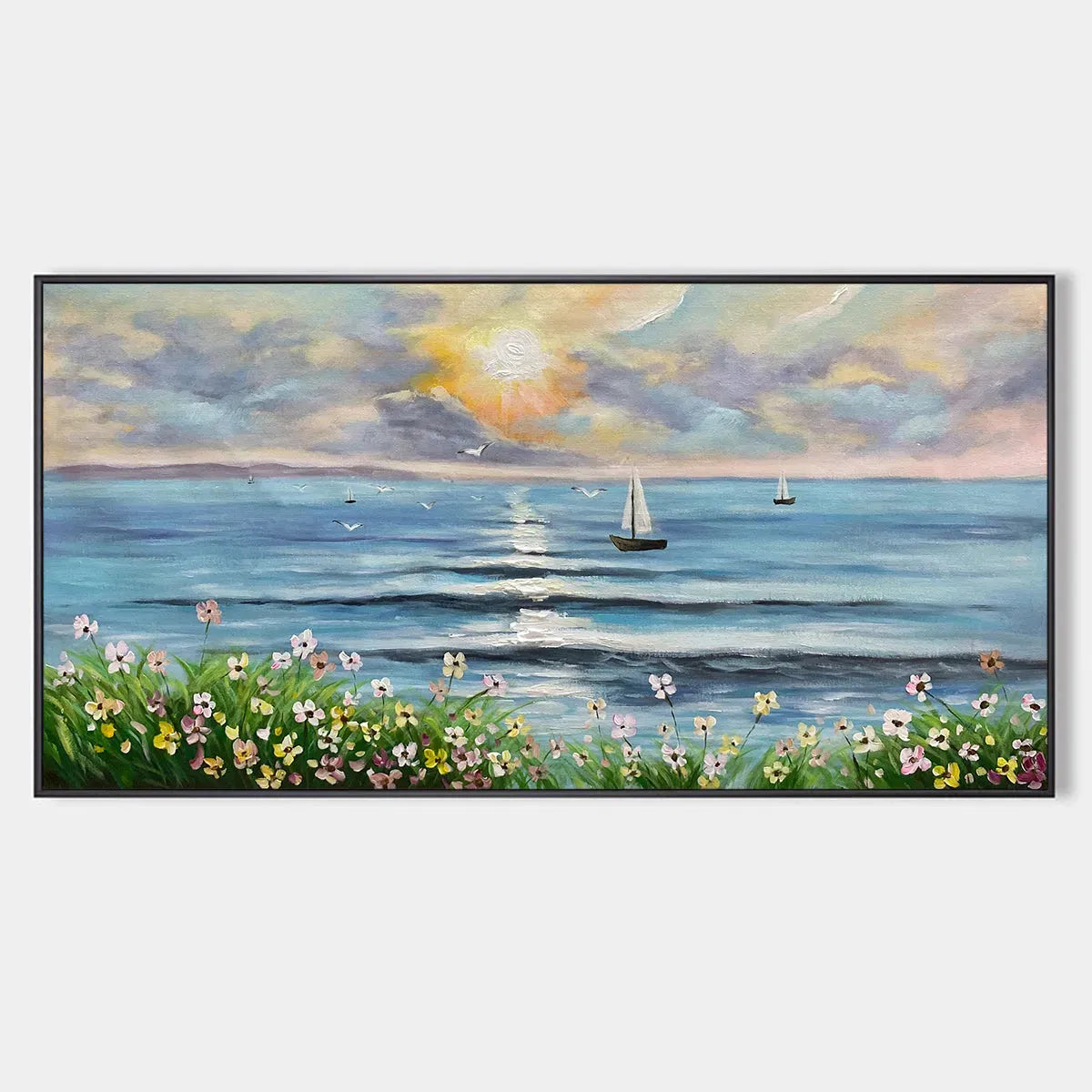 Coastal Sunset Painting, Sailboat and Wildflowers, Horizontal Canvas, Ocean Decor