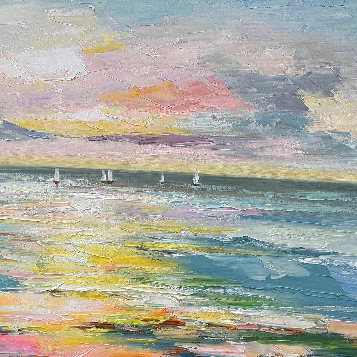 SUNSET SAIL- Seascape Painting, Impasto Texture, Ocean View, Panoramic Wall Art, Horizontal